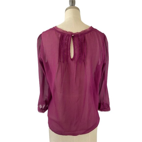 Anthropologie HD in Paris Swing Top Size 4P Blouse Sheer Check Tiered Fuschia - Picture 3 of 6